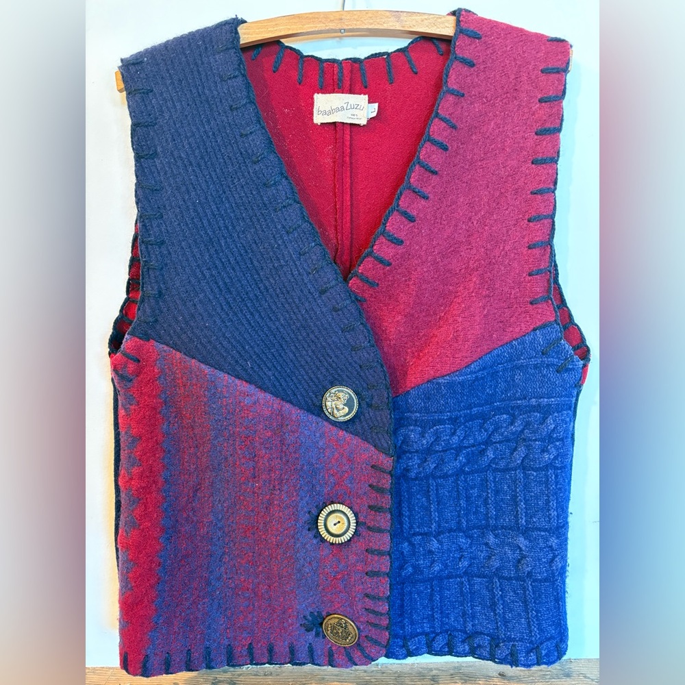 Women's Colorblock Red & Blue Wool Artisan Vest